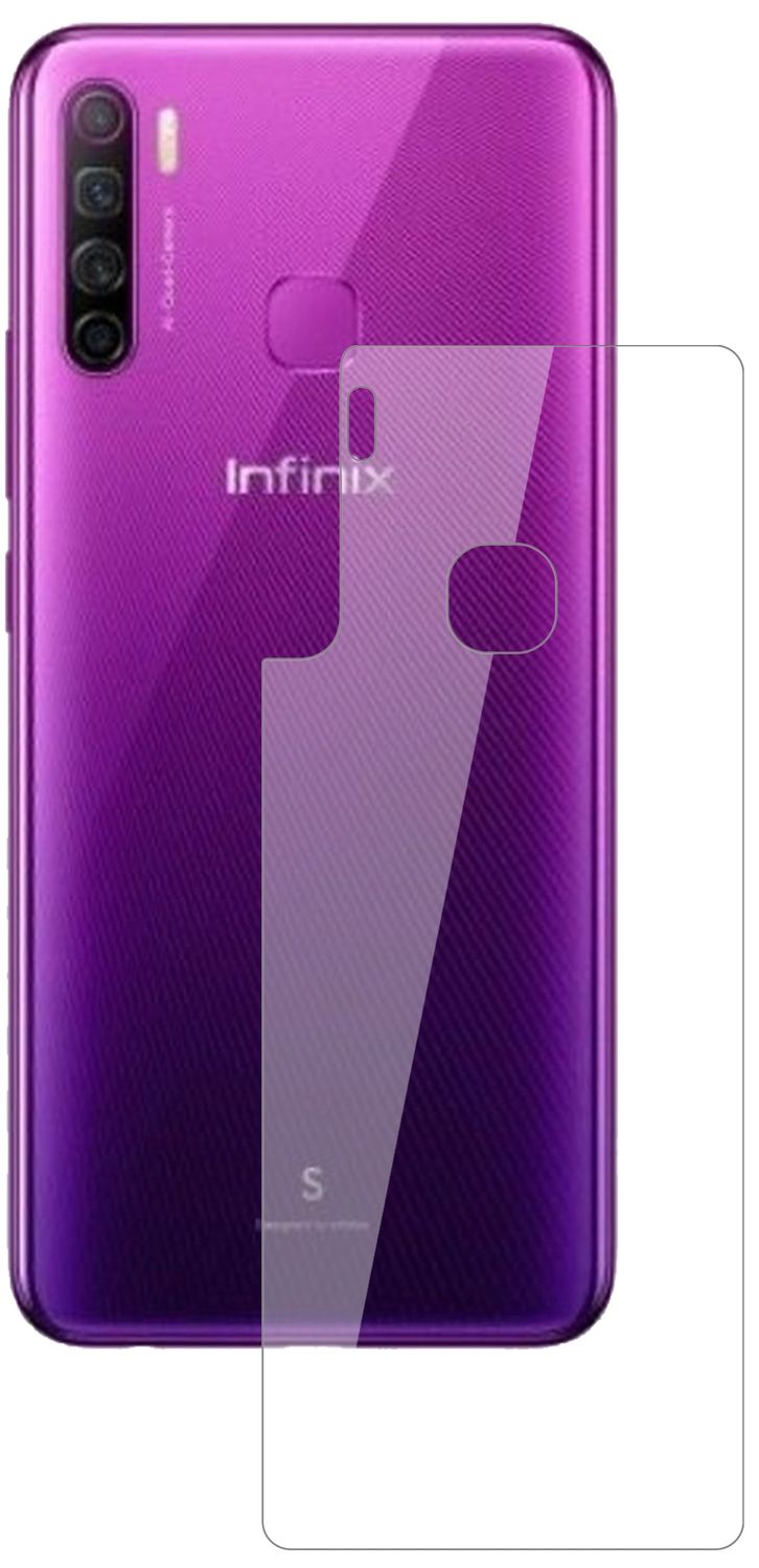 InfinixS5 Lite Rückseite mit aufgebrachter dipos Flex Schutzfolie, glasklare Darstellung ohne Einschränkungen