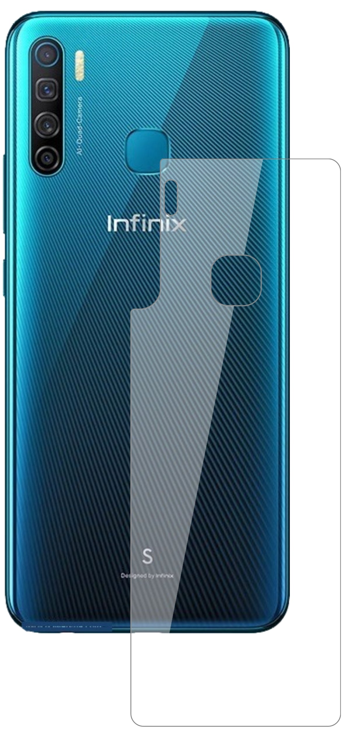 InfinixS5 Rückseite mit aufgebrachter dipos Flex Schutzfolie, glasklare Darstellung ohne Einschränkungen