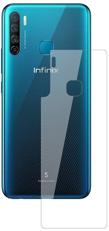 InfinixS5 Rückseite mit aufgebrachter dipos Flex Schutzfolie, glasklare Darstellung ohne Einschränkungen