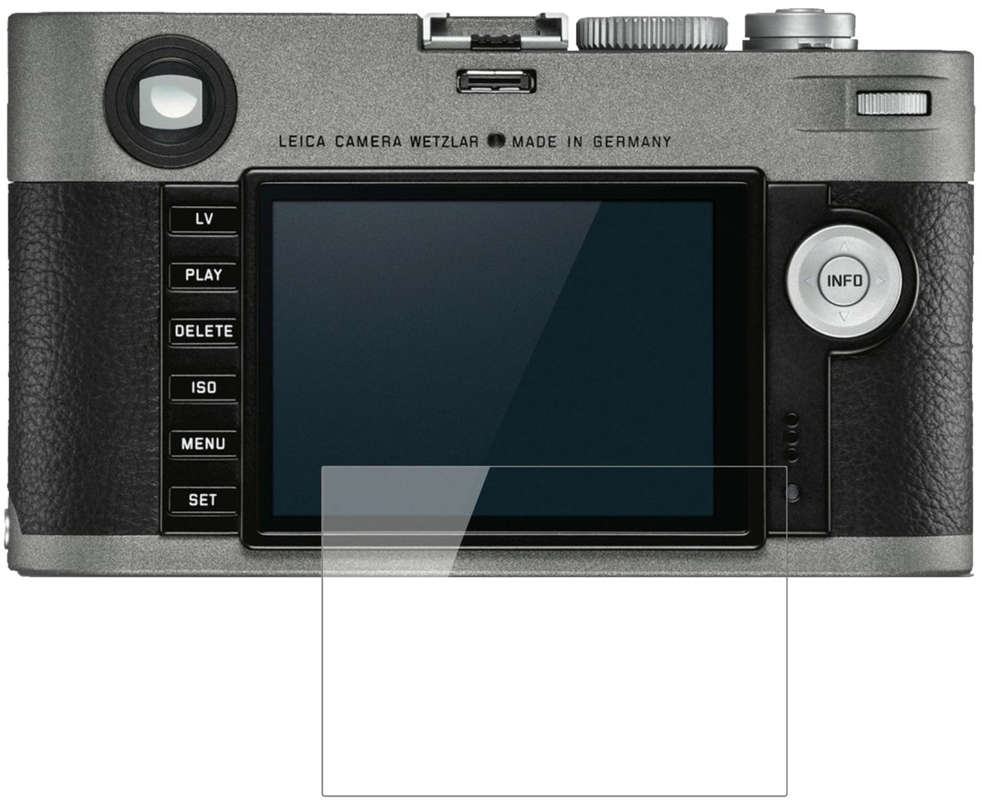 LeicaM-E (Typ) 240 mit aufgebrachter dipos Flex Schutzfolie, glasklare Darstellung ohne Einschränkungen