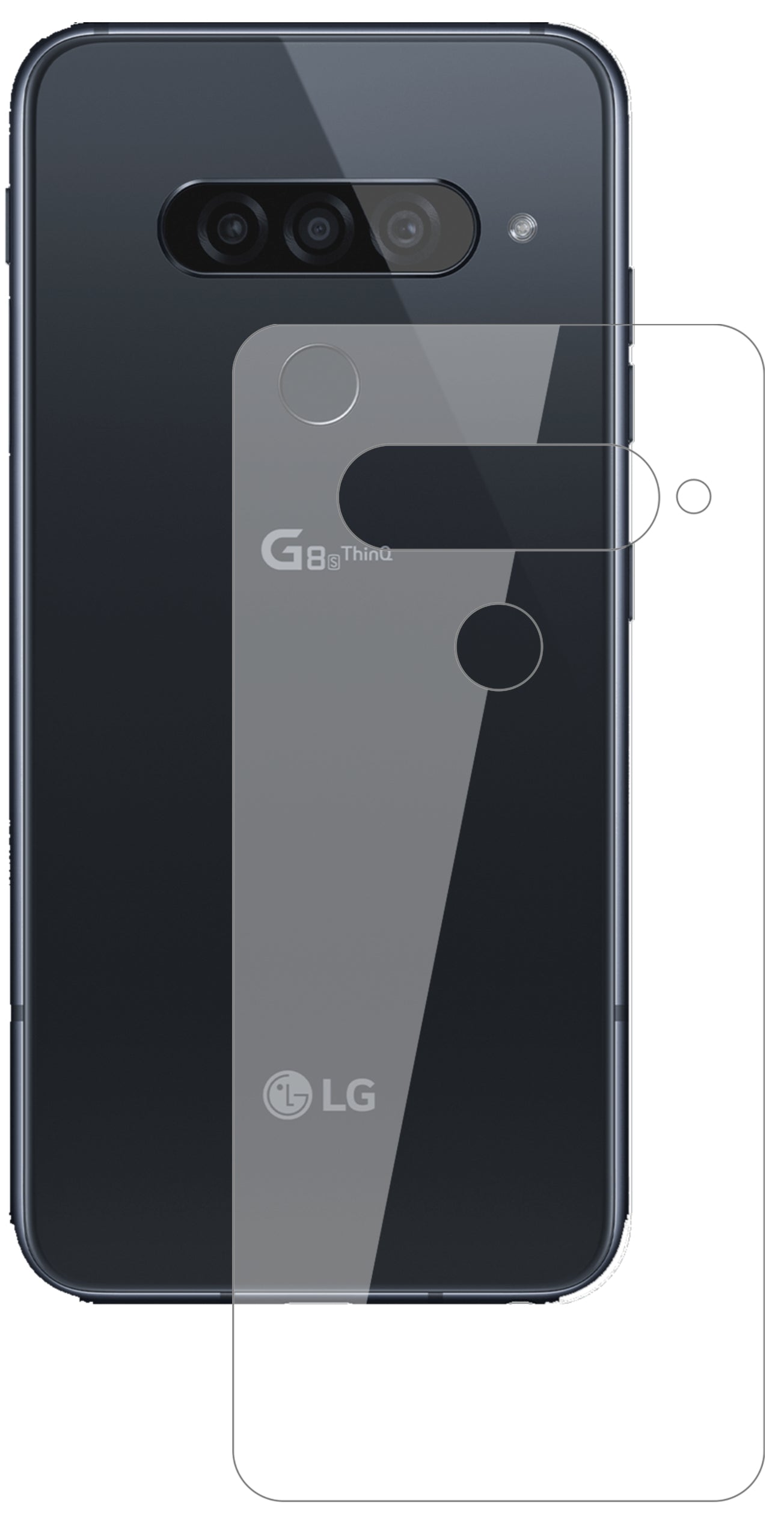 LGG8s ThinQ Rückseite mit aufgebrachter dipos Flex Schutzfolie, glasklare Darstellung ohne Einschränkungen