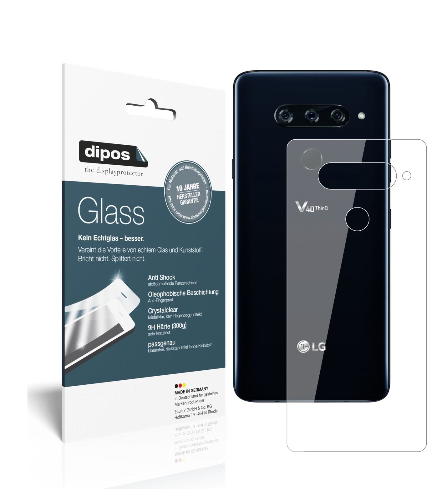 LGV40 ThinQ Rückseite mit aufgebrachter dipos Flex Schutzfolie, glasklare Darstellung ohne Einschränkungen