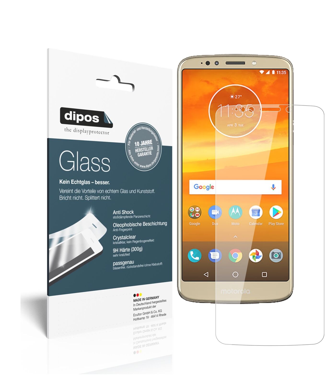 MotorolaMoto E5 Plus mit aufgebrachter dipos Flex Schutzfolie, glasklare Darstellung ohne Einschränkungen