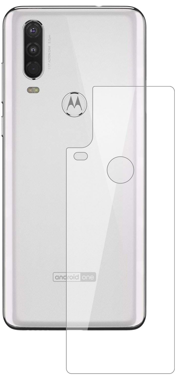 MotorolaOne Action Rückseite mit aufgebrachter dipos Flex Schutzfolie, glasklare Darstellung ohne Einschränkungen