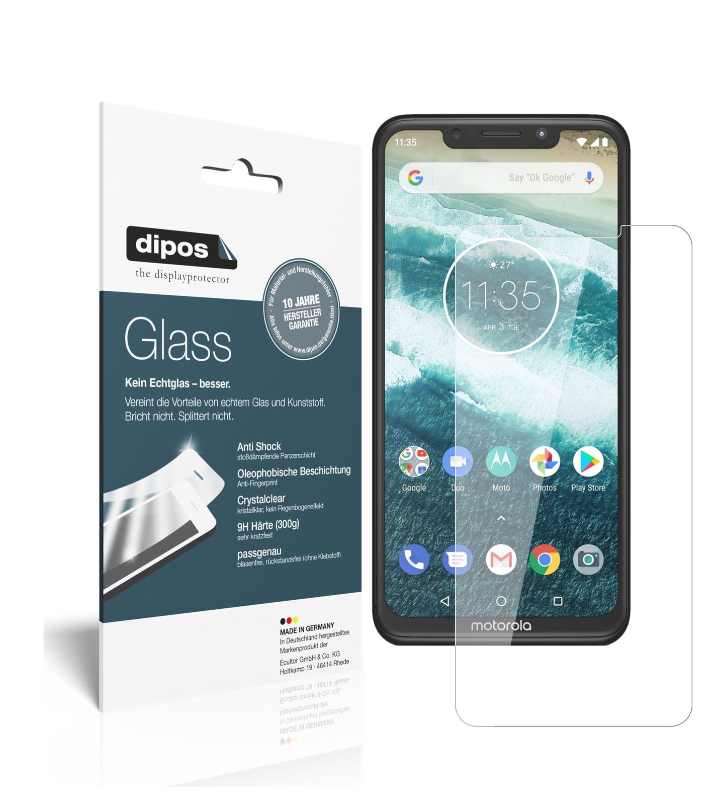 MotorolaOne Power mit aufgebrachter dipos Flex Schutzfolie, glasklare Darstellung ohne Einschränkungen