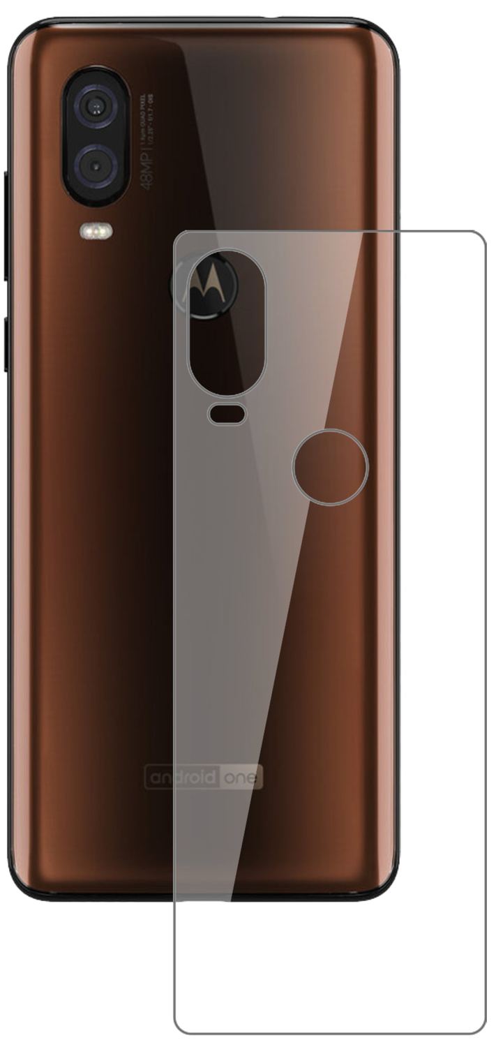 MotorolaOne Vision Rückseite mit aufgebrachter dipos Flex Schutzfolie, glasklare Darstellung ohne Einschränkungen