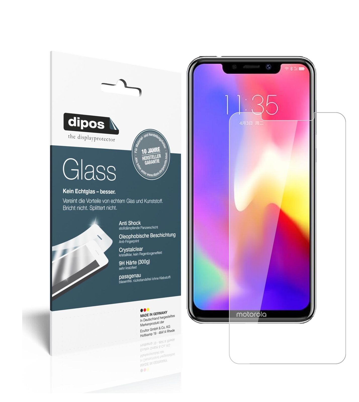 MotorolaP30 mit aufgebrachter dipos Flex Schutzfolie, glasklare Darstellung ohne Einschränkungen