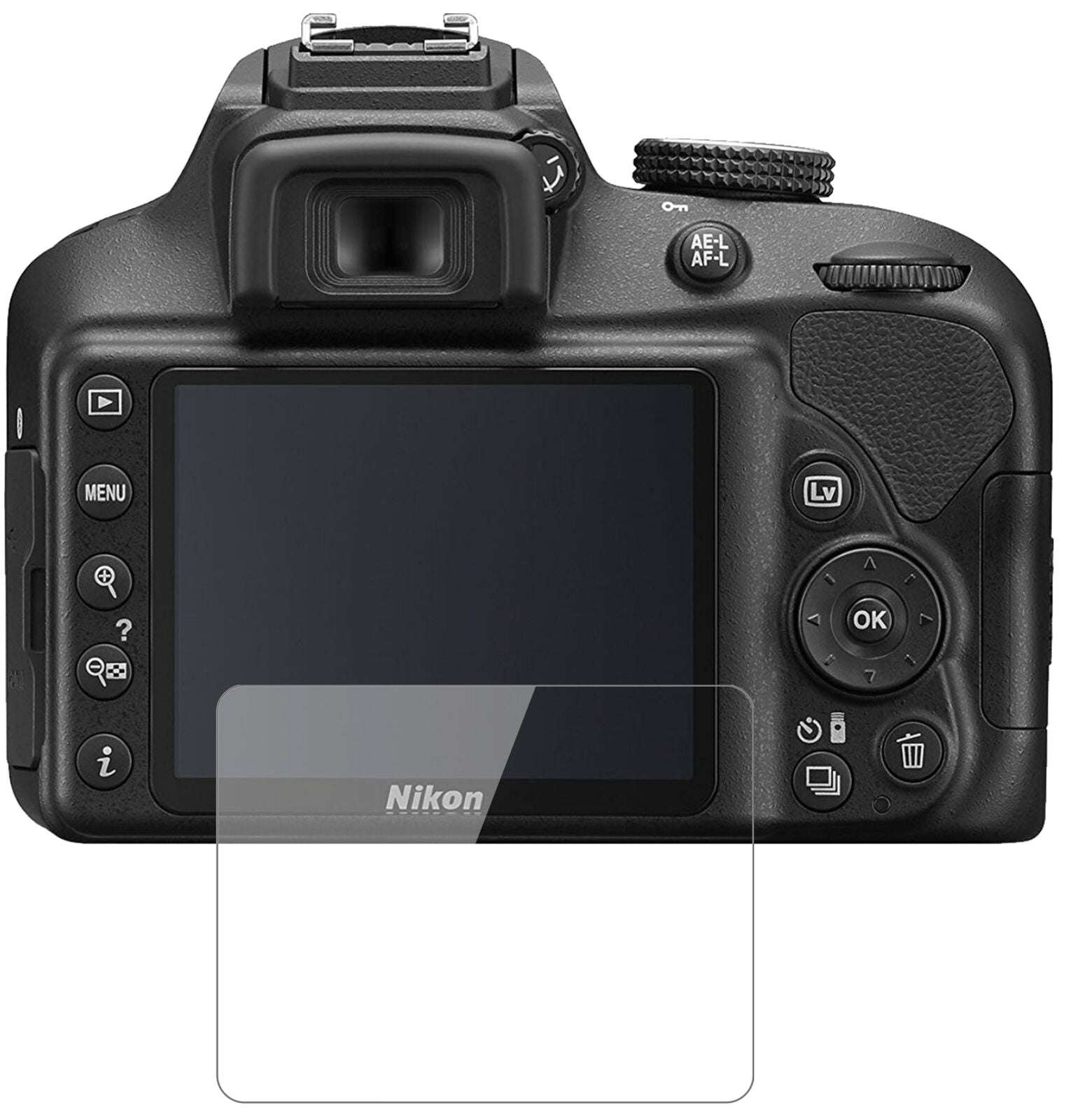 Nikon3500 mit aufgebrachter dipos Flex Schutzfolie, glasklare Darstellung ohne Einschränkungen