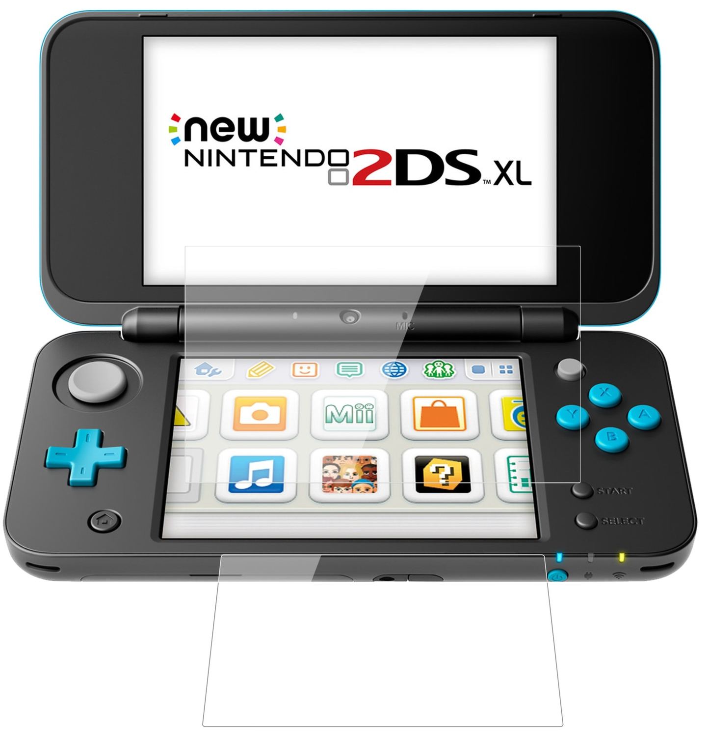 Nintendo2DS XL mit aufgebrachter dipos Flex Schutzfolie, glasklare Darstellung ohne Einschränkungen