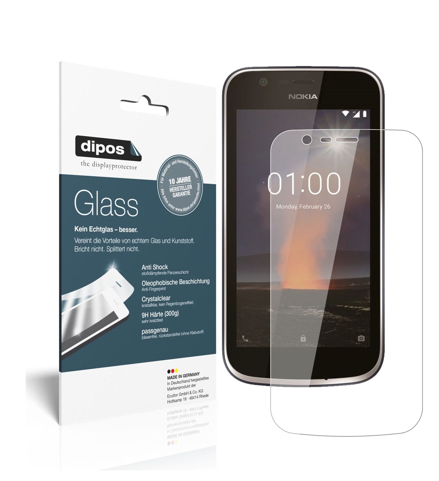 Nokia1 mit aufgebrachter dipos Flex Schutzfolie, glasklare Darstellung ohne Einschränkungen