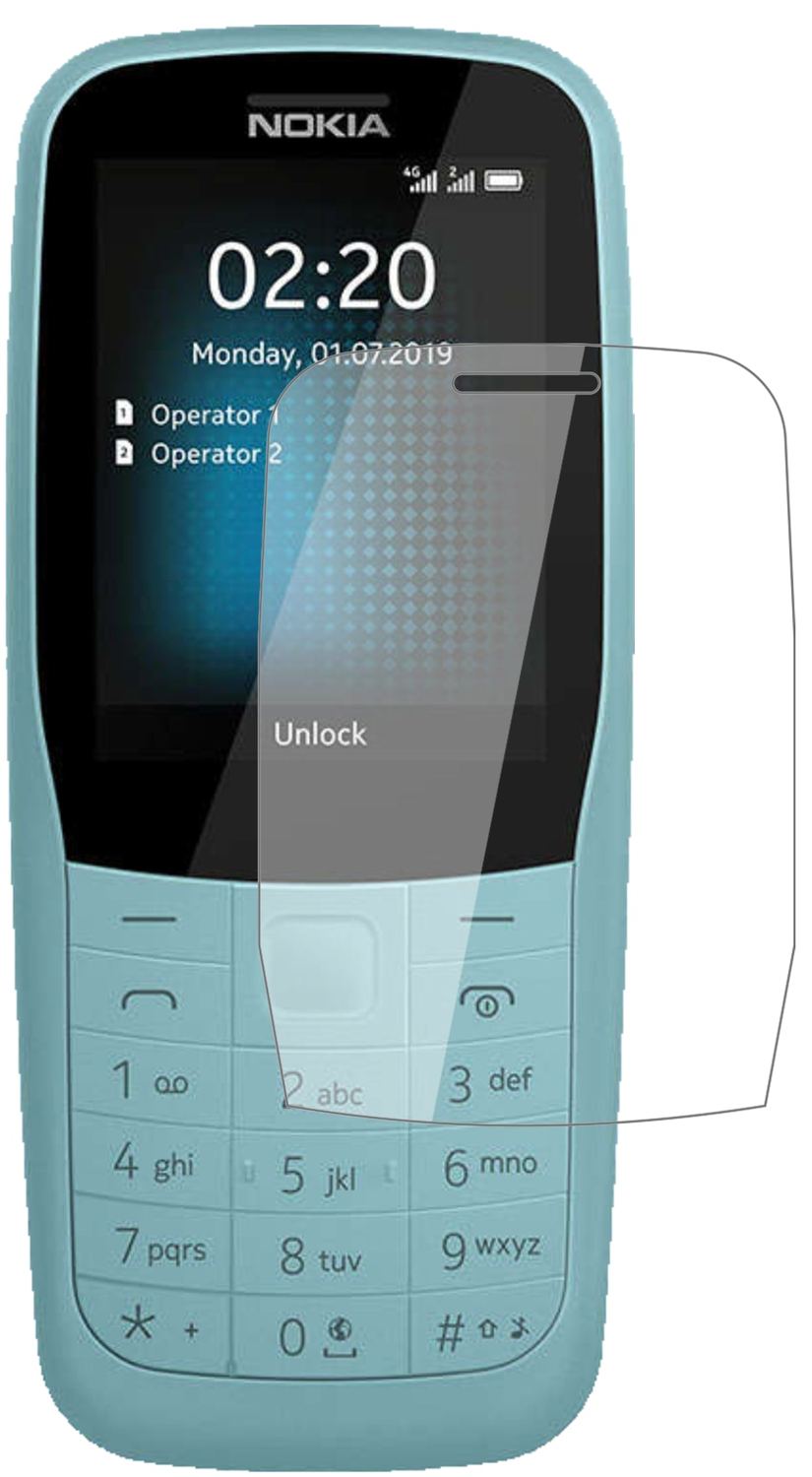 Nokia220 4G mit aufgebrachter dipos Flex Schutzfolie, glasklare Darstellung ohne Einschränkungen
