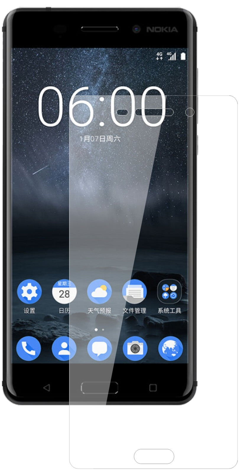 Nokia6 mit aufgebrachter dipos Flex Schutzfolie, glasklare Darstellung ohne Einschränkungen