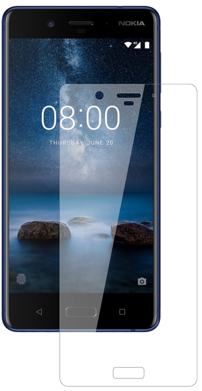 Nokia8 mit aufgebrachter dipos Flex Schutzfolie, glasklare Darstellung ohne Einschränkungen