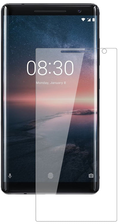 Nokia8 Sirocco mit aufgebrachter dipos Flex Schutzfolie, glasklare Darstellung ohne Einschränkungen