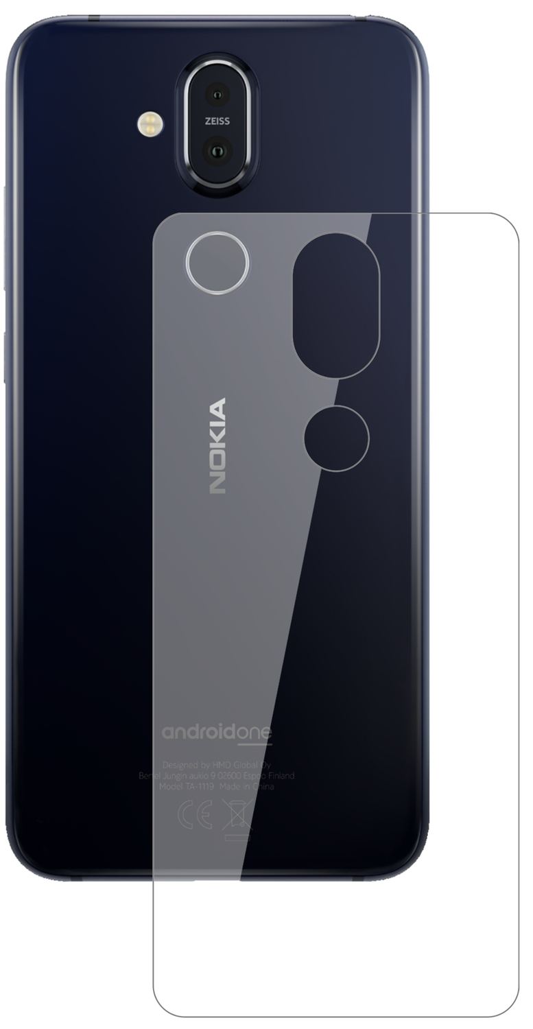 Nokia8.1 Rückseite mit aufgebrachter dipos Flex Schutzfolie, glasklare Darstellung ohne Einschränkungen