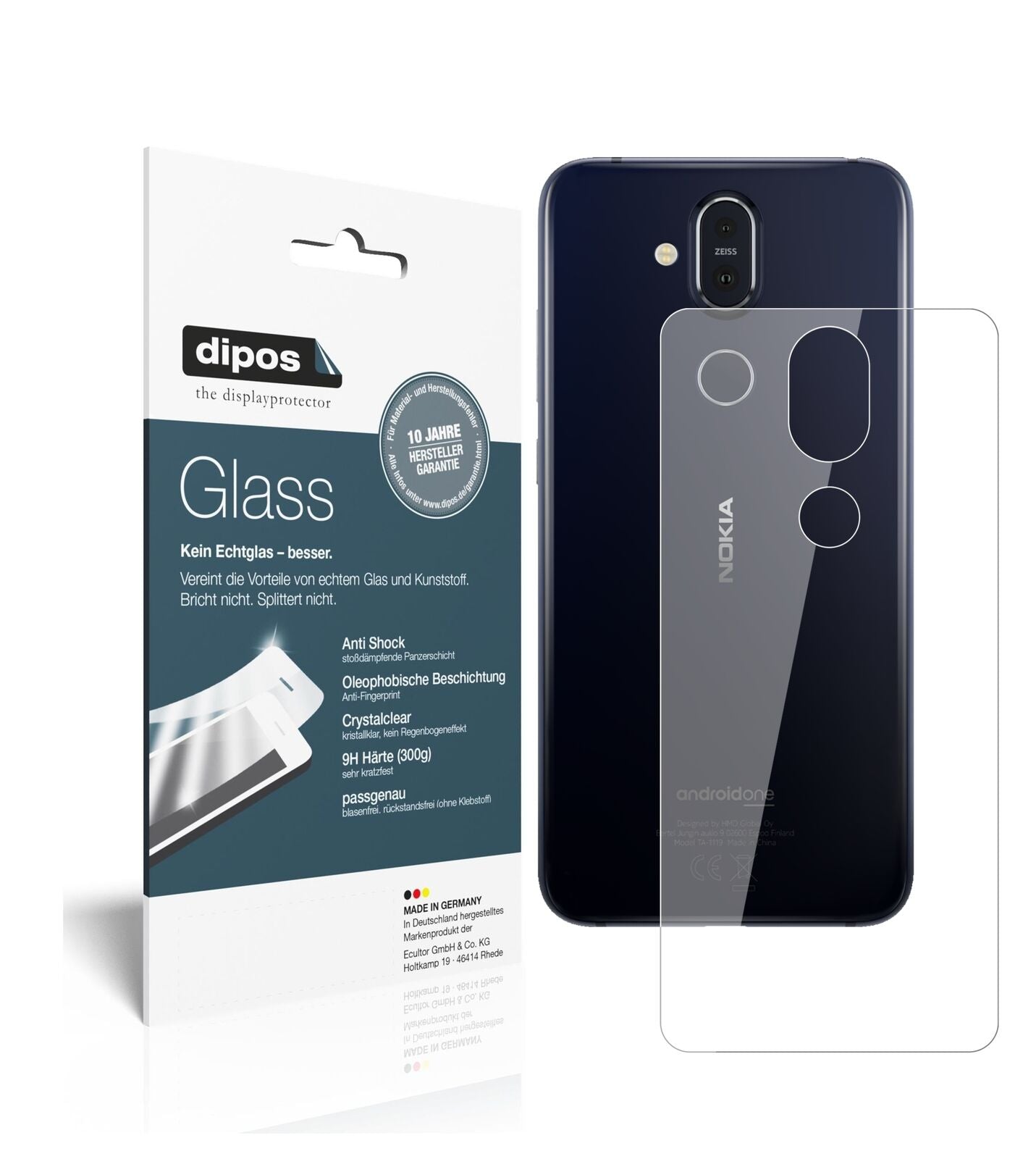 Nokia8.1 Rückseite mit aufgebrachter dipos Flex Schutzfolie, glasklare Darstellung ohne Einschränkungen