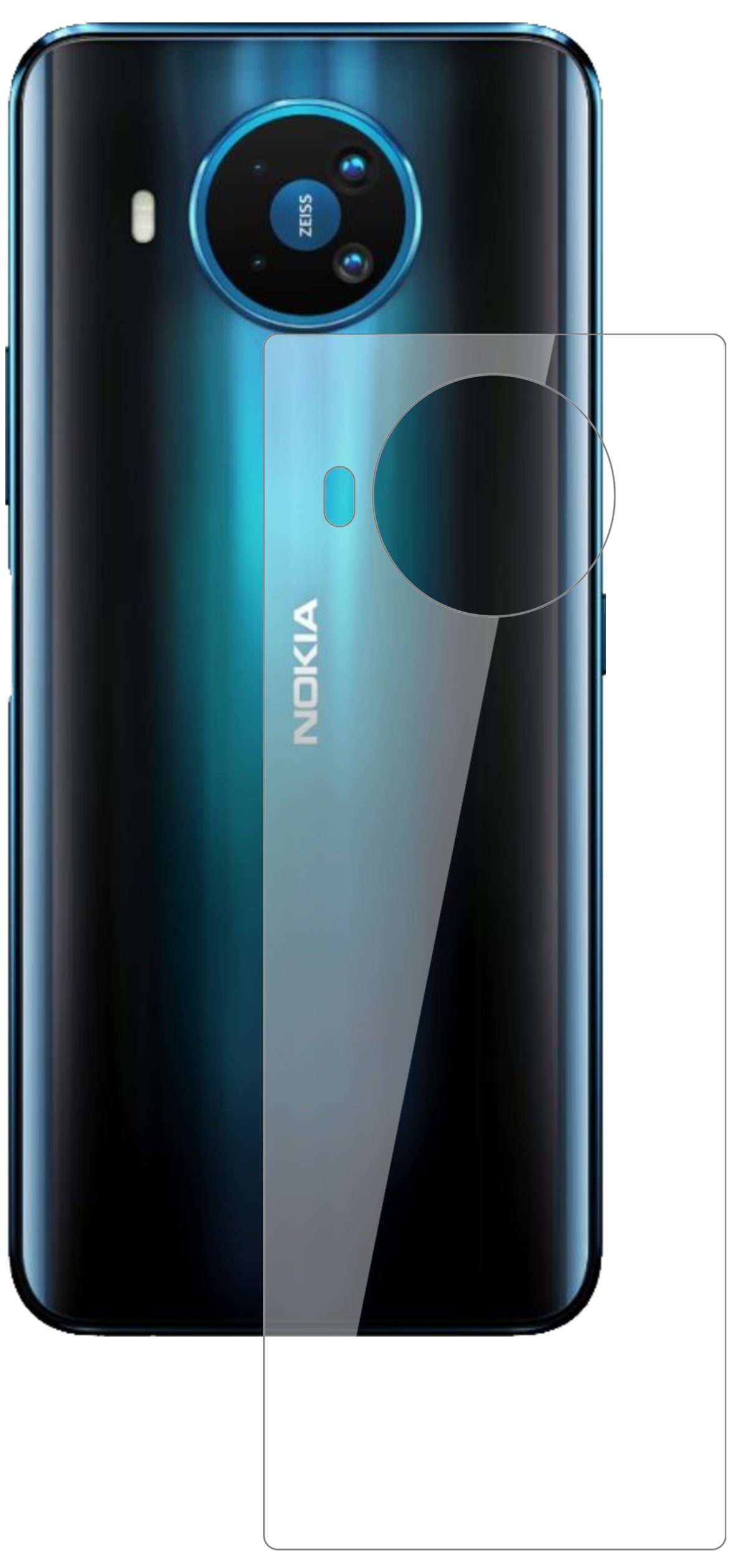 Nokia8.3 Rückseite mit aufgebrachter dipos Flex Schutzfolie, glasklare Darstellung ohne Einschränkungen