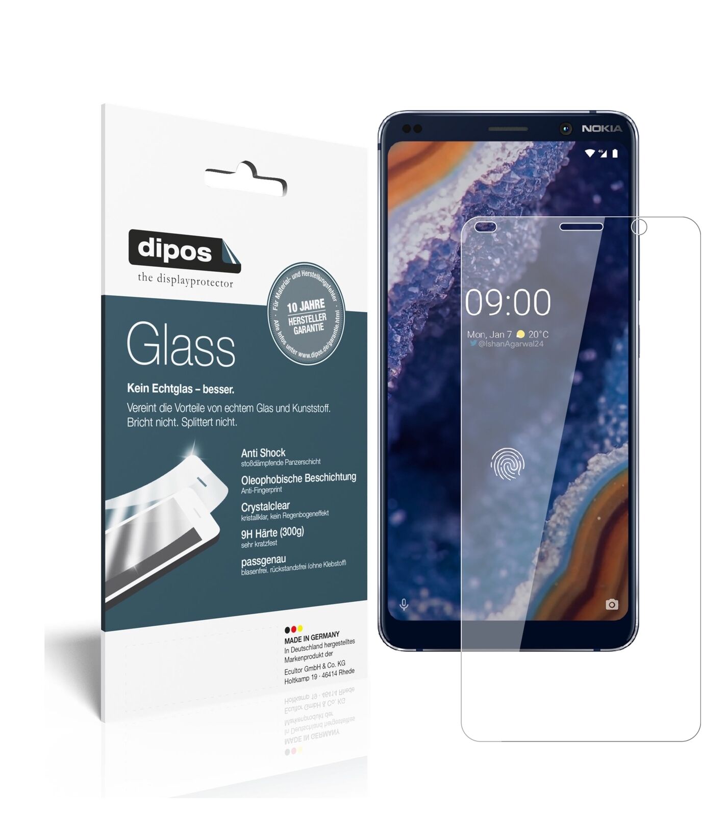 Nokia9 PureView mit aufgebrachter dipos Flex Schutzfolie, glasklare Darstellung ohne Einschränkungen