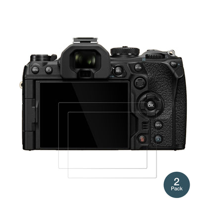 OlympusOM System OM-1 Mark II mit aufgebrachter dipos Flex Schutzfolie, glasklare Darstellung ohne Einschränkungen