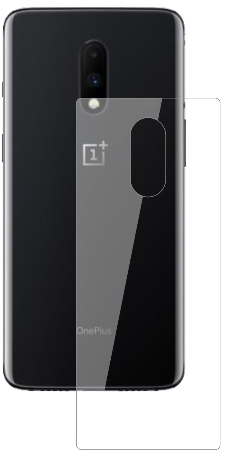 OnePlus7 Rückseite mit aufgebrachter dipos Flex Schutzfolie, glasklare Darstellung ohne Einschränkungen