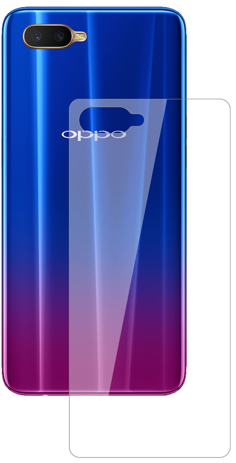 OppoR17 Rückseite mit aufgebrachter dipos Flex Schutzfolie, glasklare Darstellung ohne Einschränkungen