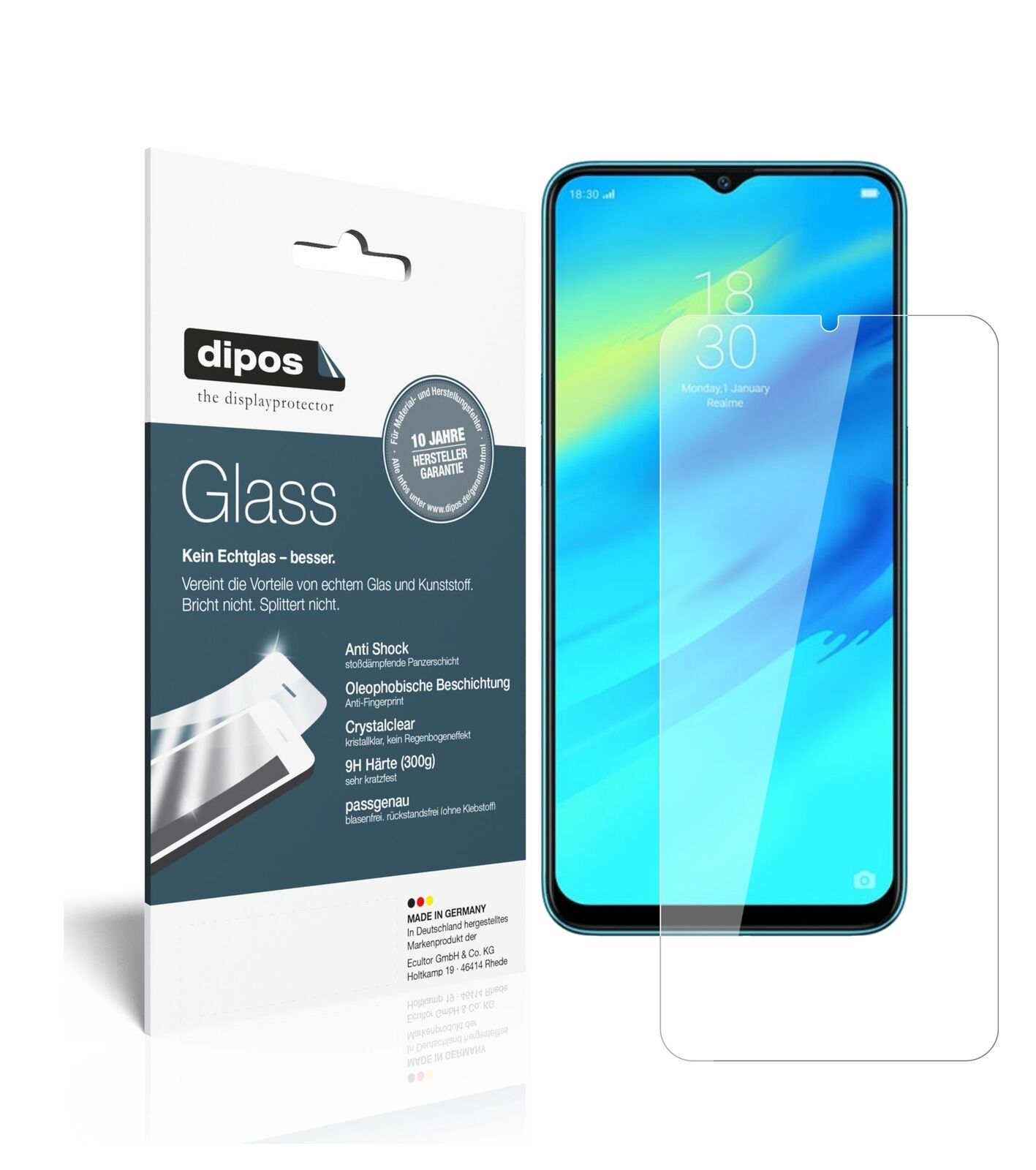 OppoRealme 2 Pro mit aufgebrachter dipos Flex Schutzfolie, glasklare Darstellung ohne Einschränkungen