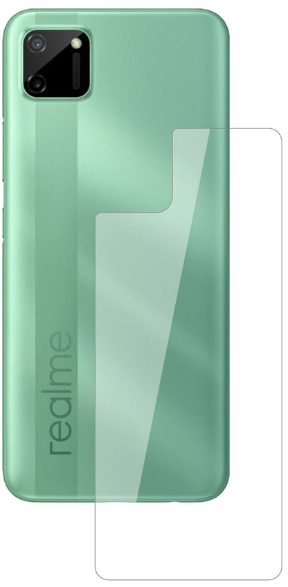 OppoRealme C11 Rückseite mit aufgebrachter dipos Flex Schutzfolie, glasklare Darstellung ohne Einschränkungen