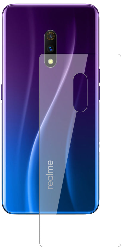 OppoRealme X Rückseite mit aufgebrachter dipos Flex Schutzfolie, glasklare Darstellung ohne Einschränkungen