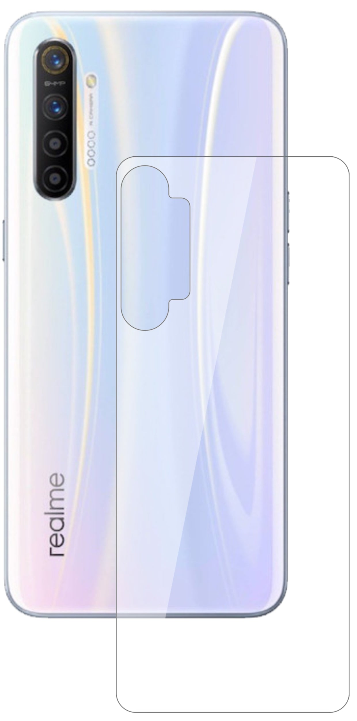 OppoRealme XT Rückseite mit aufgebrachter dipos Flex Schutzfolie, glasklare Darstellung ohne Einschränkungen