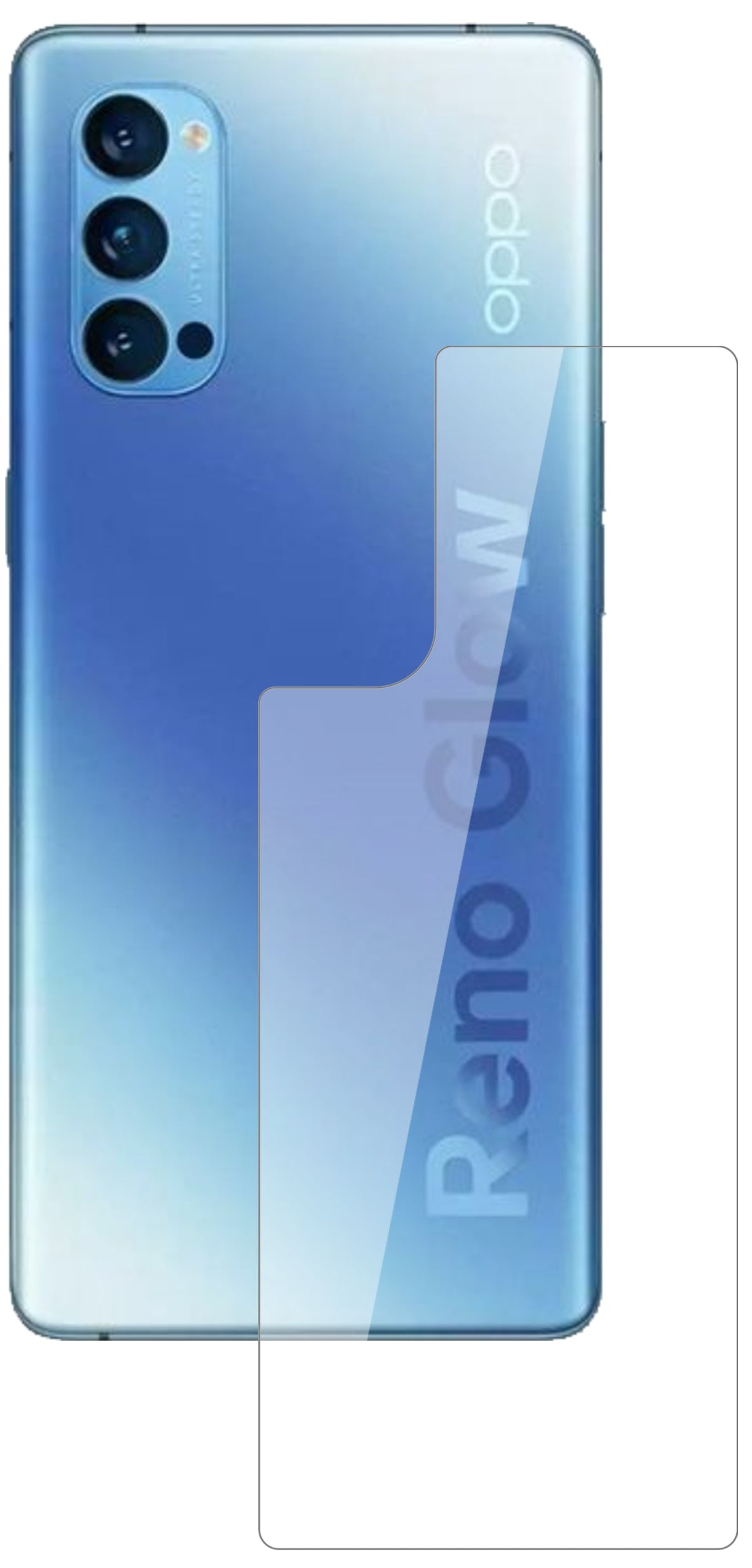 OppoReno 4 Pro Rückseite mit aufgebrachter dipos Flex Schutzfolie, glasklare Darstellung ohne Einschränkungen