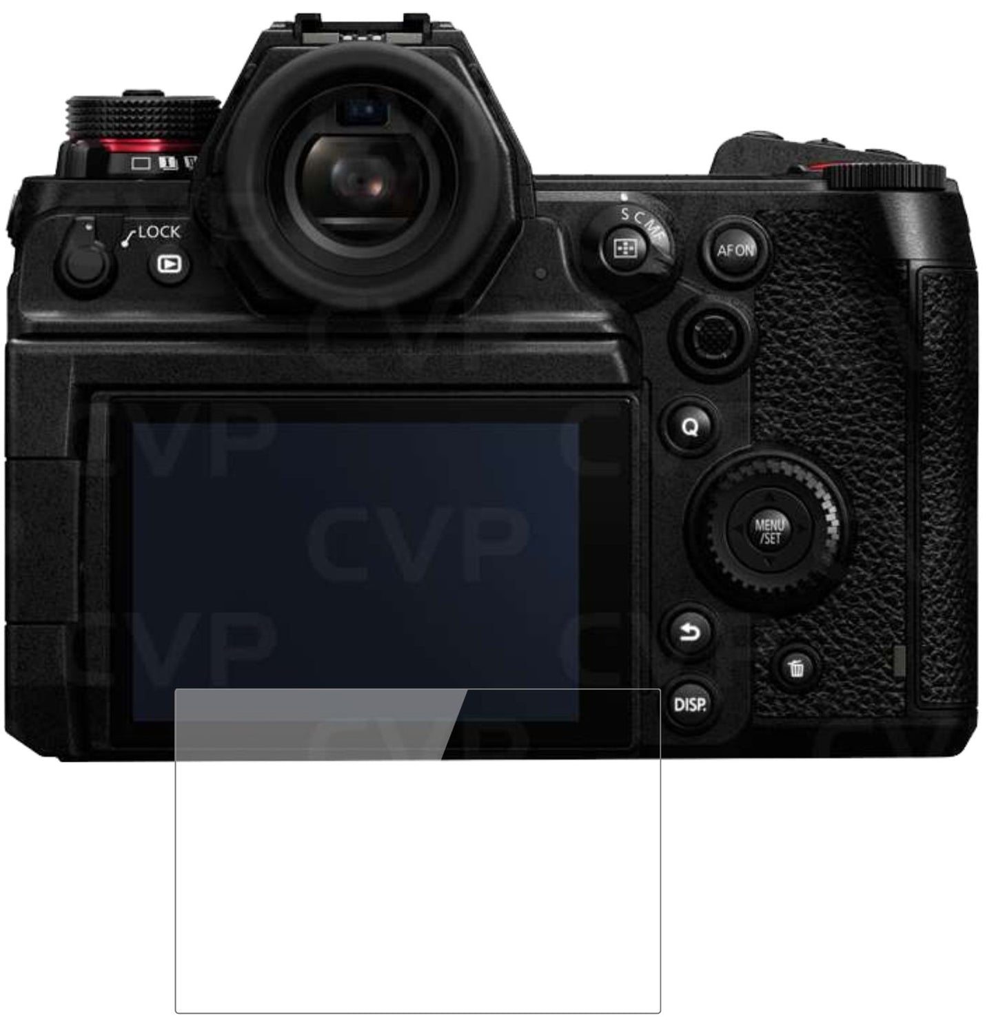 PanasonicLumix DC-S1H mit aufgebrachter dipos Flex Schutzfolie, glasklare Darstellung ohne Einschränkungen