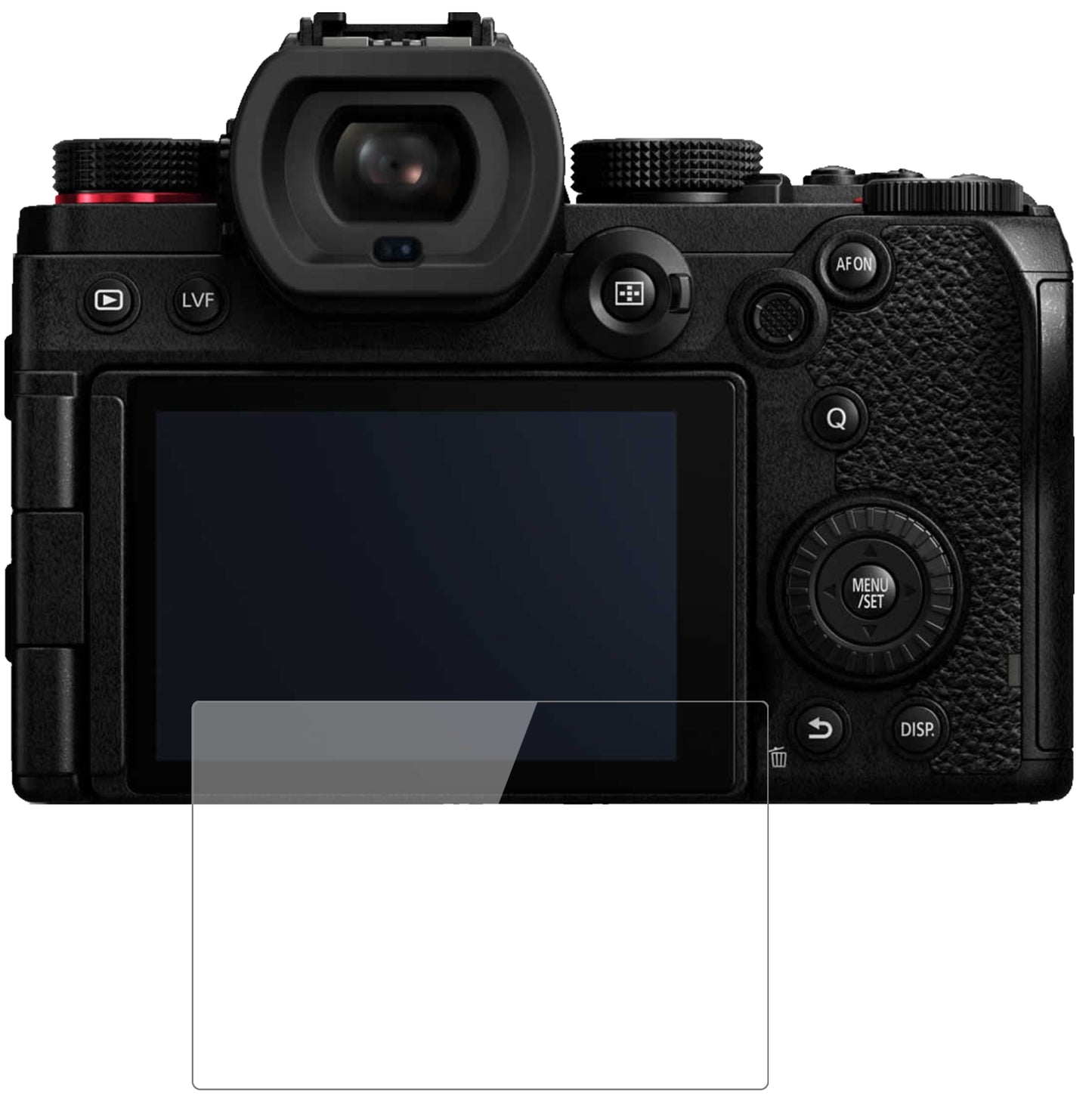 PanasonicLumix DC-S5 mit aufgebrachter dipos Flex Schutzfolie, glasklare Darstellung ohne Einschränkungen