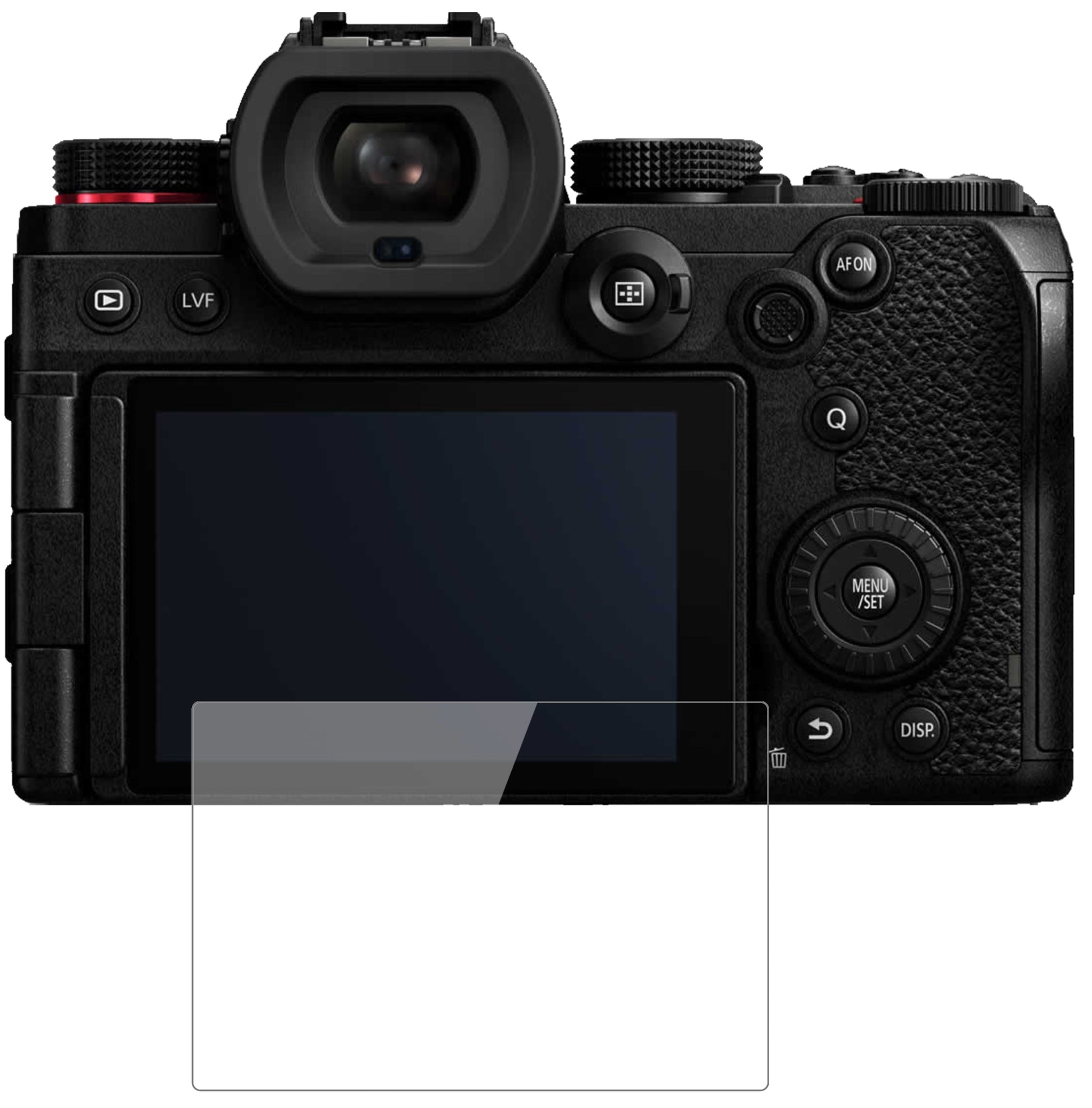 PanasonicLumix DC-S5 mit aufgebrachter dipos Flex Schutzfolie, glasklare Darstellung ohne Einschränkungen