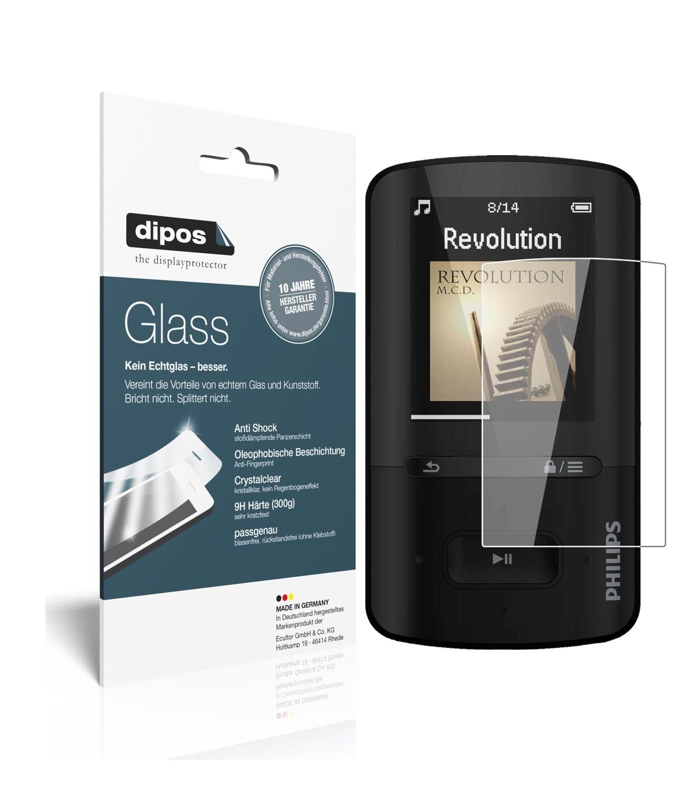 PhilipsSA4VBE04KN12 GoGear Vibe mit aufgebrachter dipos Flex Schutzfolie, glasklare Darstellung ohne Einschränkungen