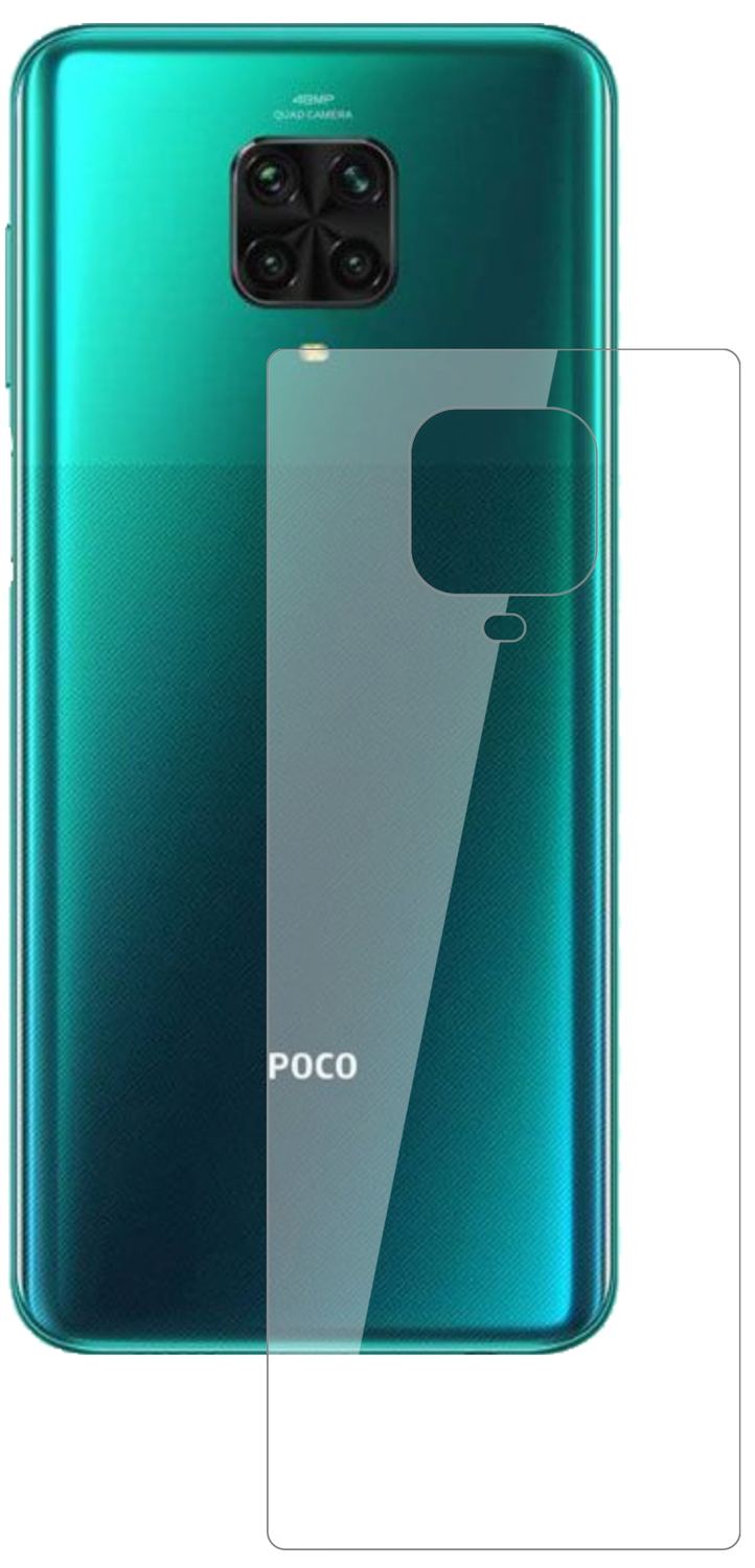 PocoM2 Pro Rückseite mit aufgebrachter dipos Flex Schutzfolie, glasklare Darstellung ohne Einschränkungen