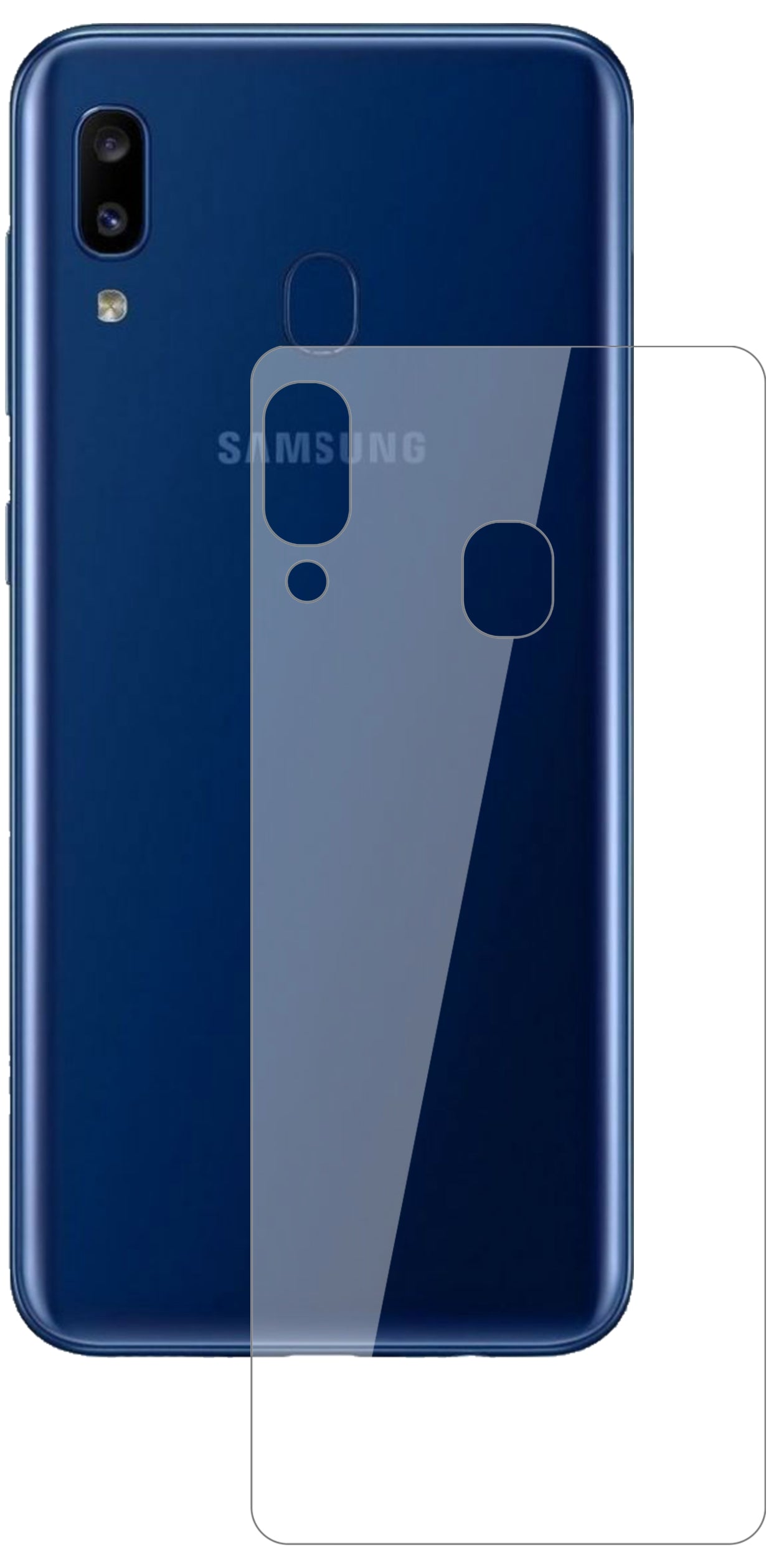SamsungGalaxy A20 Rückseite mit aufgebrachter dipos Flex Schutzfolie, glasklare Darstellung ohne Einschränkungen