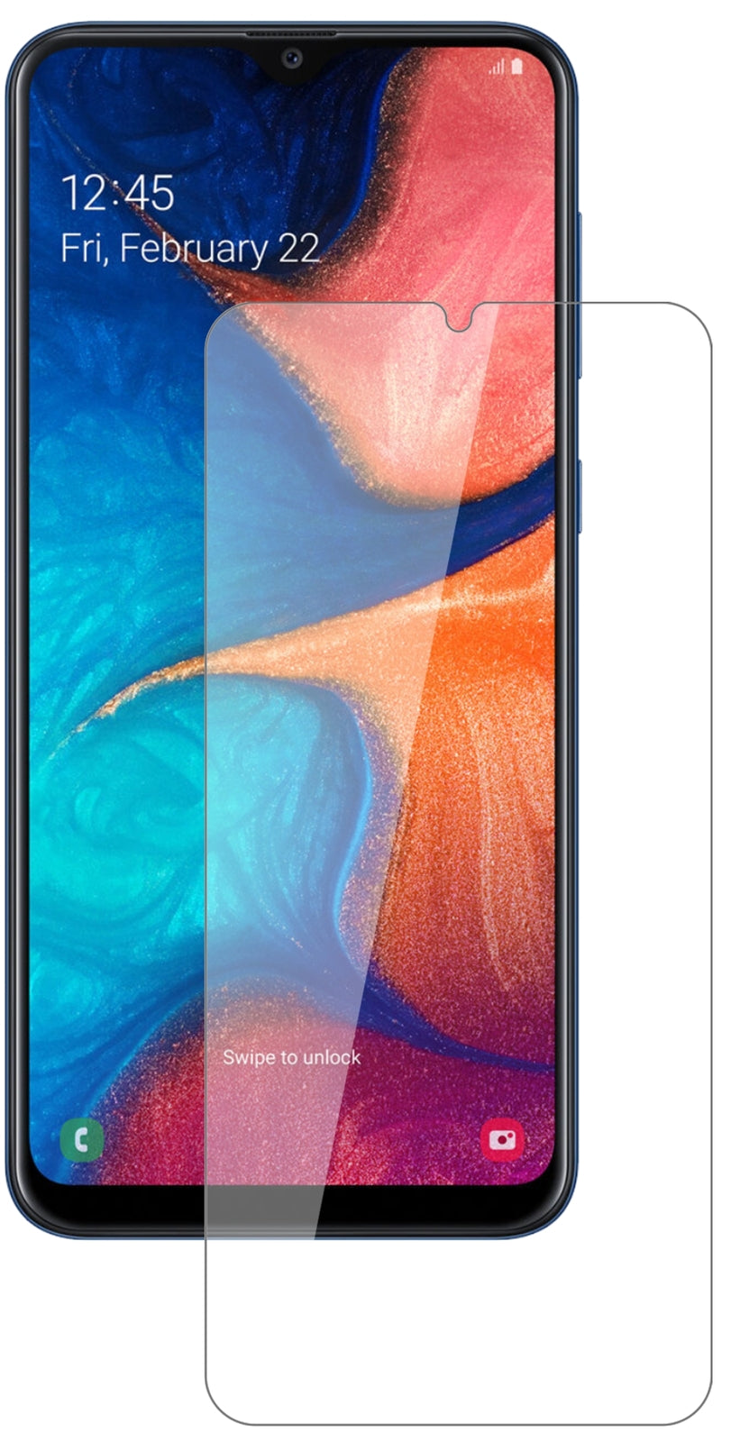 SamsungGalaxy A20e mit aufgebrachter dipos Flex Schutzfolie, glasklare Darstellung ohne Einschränkungen
