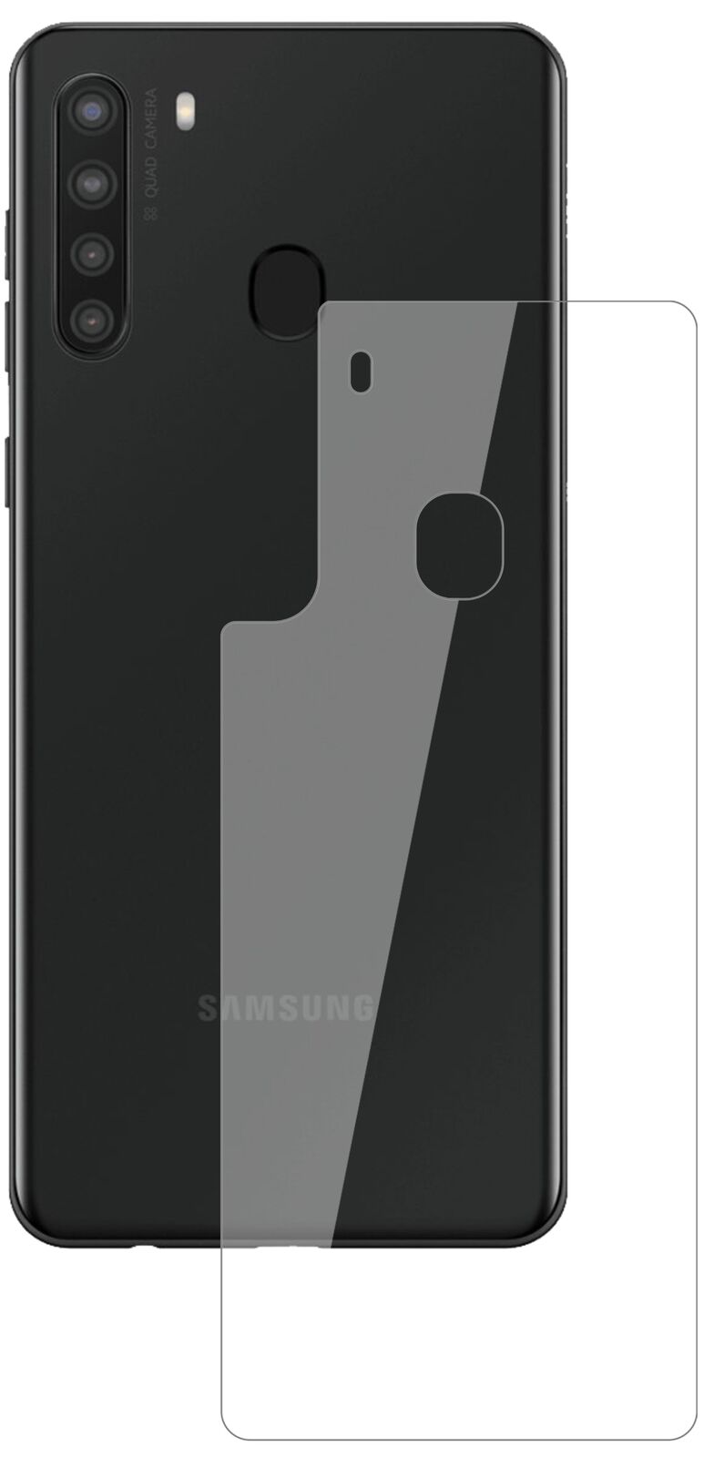 SamsungGalaxy A21 Rückseite mit aufgebrachter dipos Flex Schutzfolie, glasklare Darstellung ohne Einschränkungen
