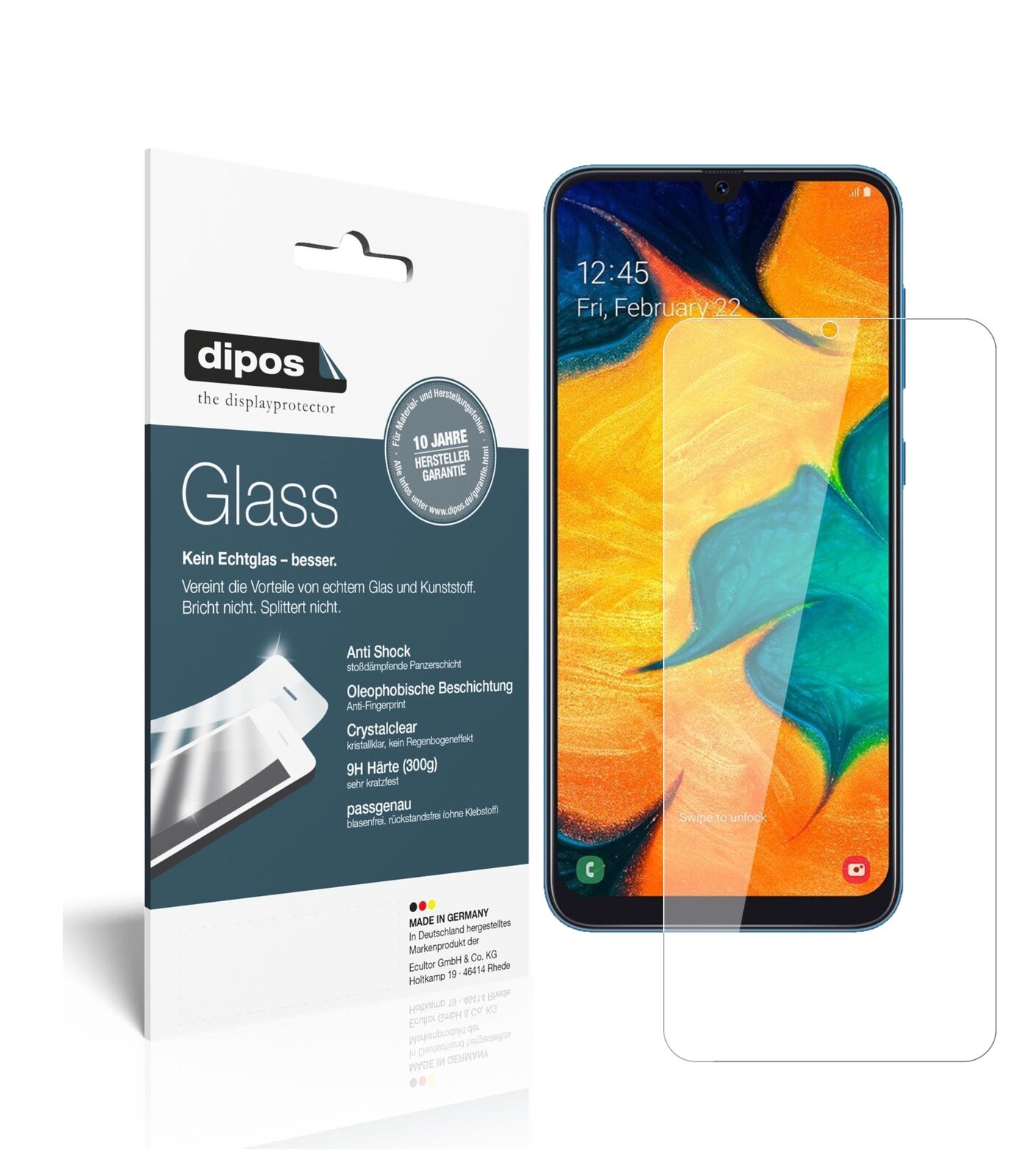 SamsungGalaxy A30 mit aufgebrachter dipos Flex Schutzfolie, glasklare Darstellung ohne Einschränkungen