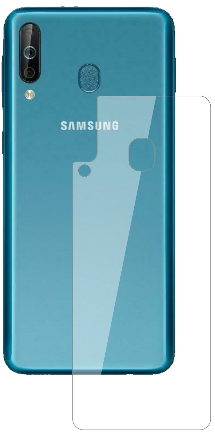 SamsungGalaxy A40s Rückseite mit aufgebrachter dipos Flex Schutzfolie, glasklare Darstellung ohne Einschränkungen