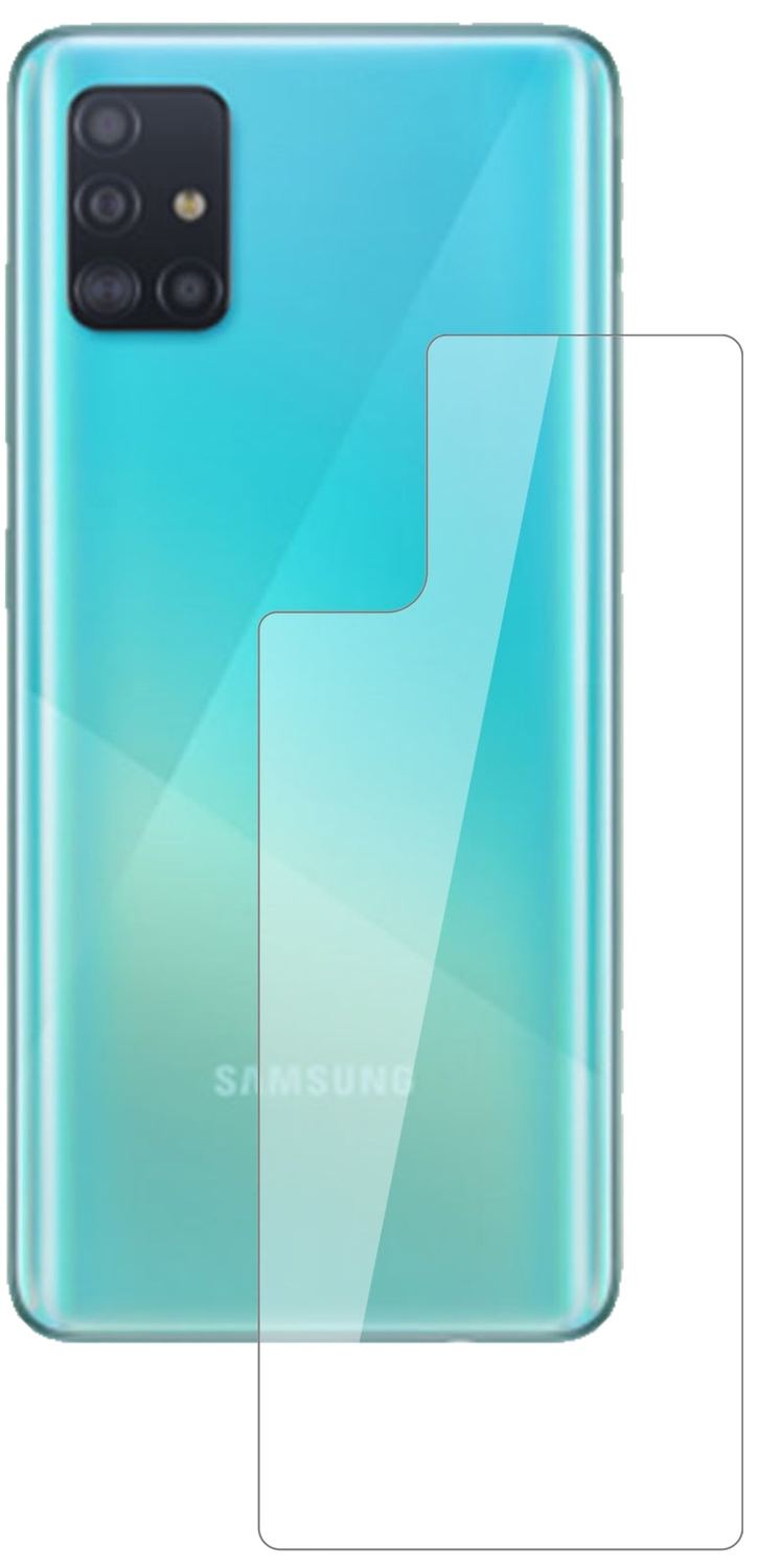 SamsungGalaxy A51 5G Rückseite mit aufgebrachter dipos Flex Schutzfolie, glasklare Darstellung ohne Einschränkungen