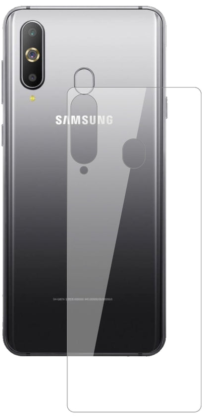 SamsungGalaxy A60 Rückseite mit aufgebrachter dipos Flex Schutzfolie, glasklare Darstellung ohne Einschränkungen