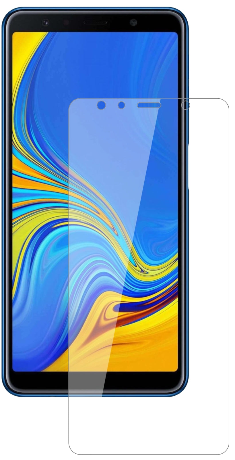 SamsungGalaxy A7 (2018) mit aufgebrachter dipos Flex Schutzfolie, glasklare Darstellung ohne Einschränkungen