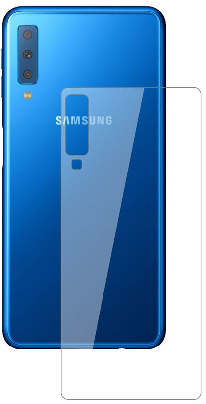 SamsungGalaxy A7 (2018) Rückseite mit aufgebrachter dipos Flex Schutzfolie, glasklare Darstellung ohne Einschränkungen