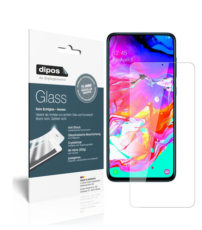 SamsungGalaxy A70 mit aufgebrachter dipos Flex Schutzfolie, glasklare Darstellung ohne Einschränkungen