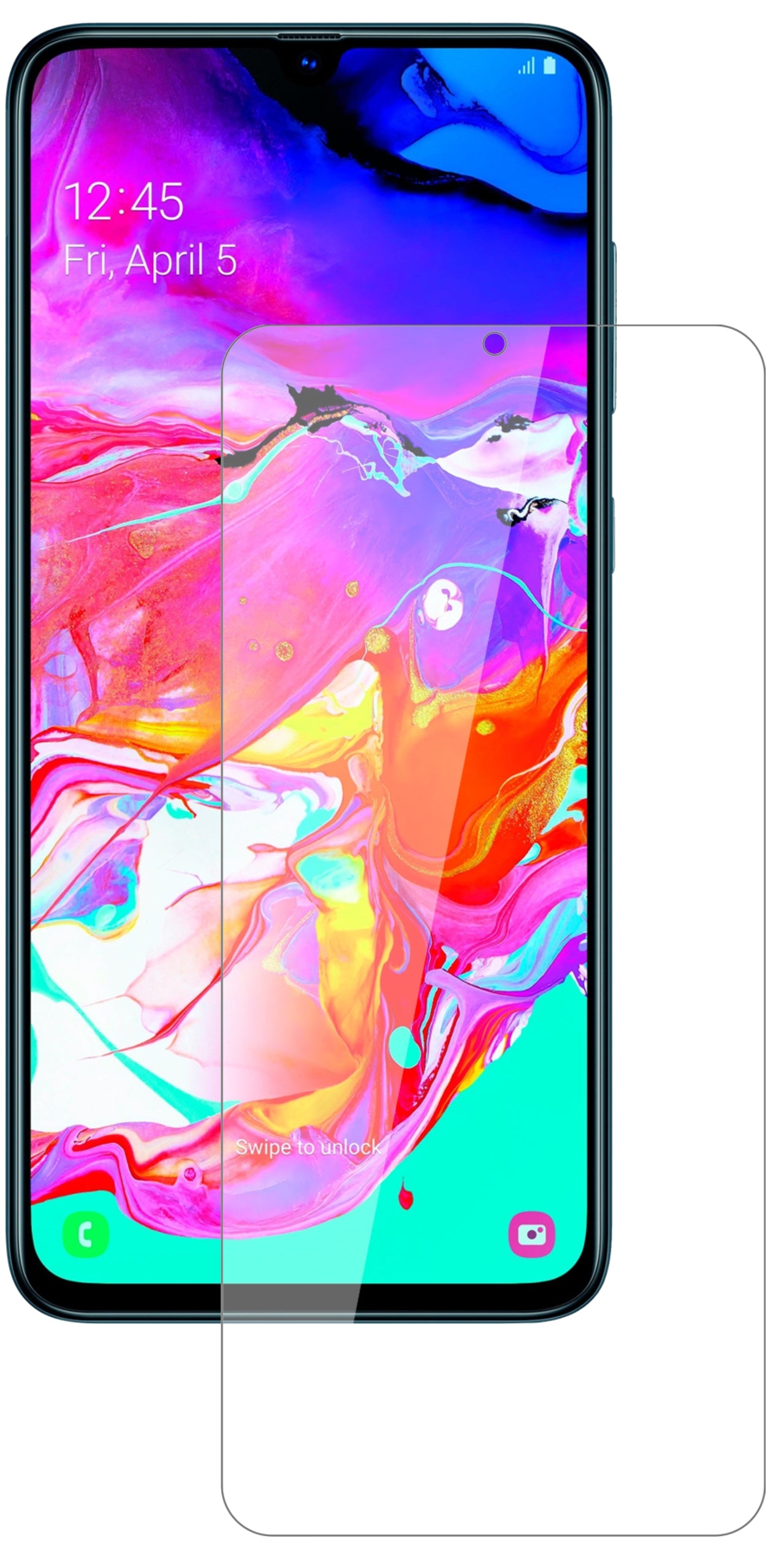 SamsungGalaxy A70s mit aufgebrachter dipos Flex Schutzfolie, glasklare Darstellung ohne Einschränkungen