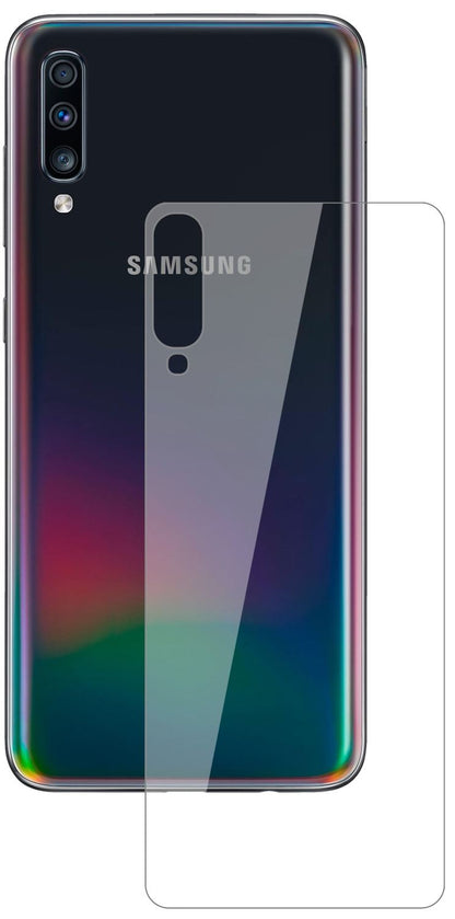 SamsungGalaxy A70s Rückseite mit aufgebrachter dipos Flex Schutzfolie, glasklare Darstellung ohne Einschränkungen
