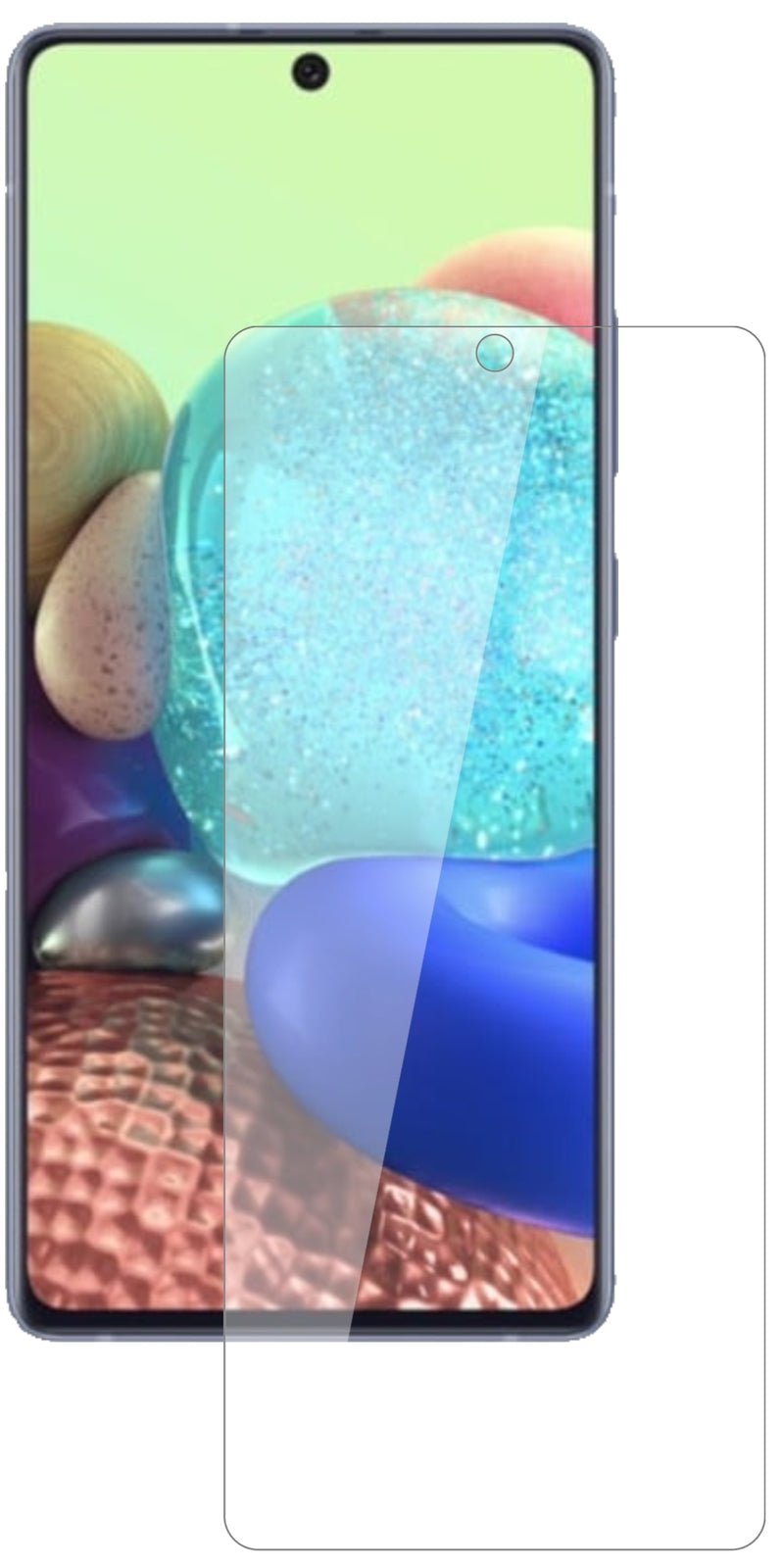 SamsungGalaxy A71 5G mit aufgebrachter dipos Flex Schutzfolie, glasklare Darstellung ohne Einschränkungen