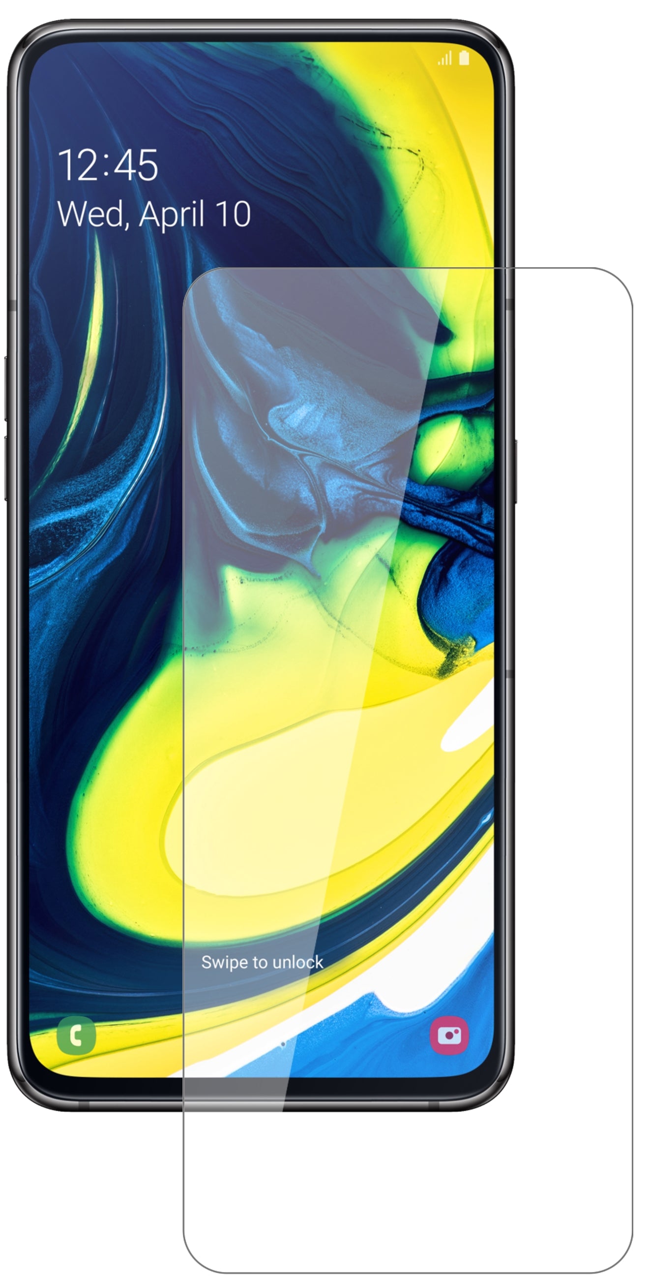 SamsungGalaxy A80 mit aufgebrachter dipos Flex Schutzfolie, glasklare Darstellung ohne Einschränkungen