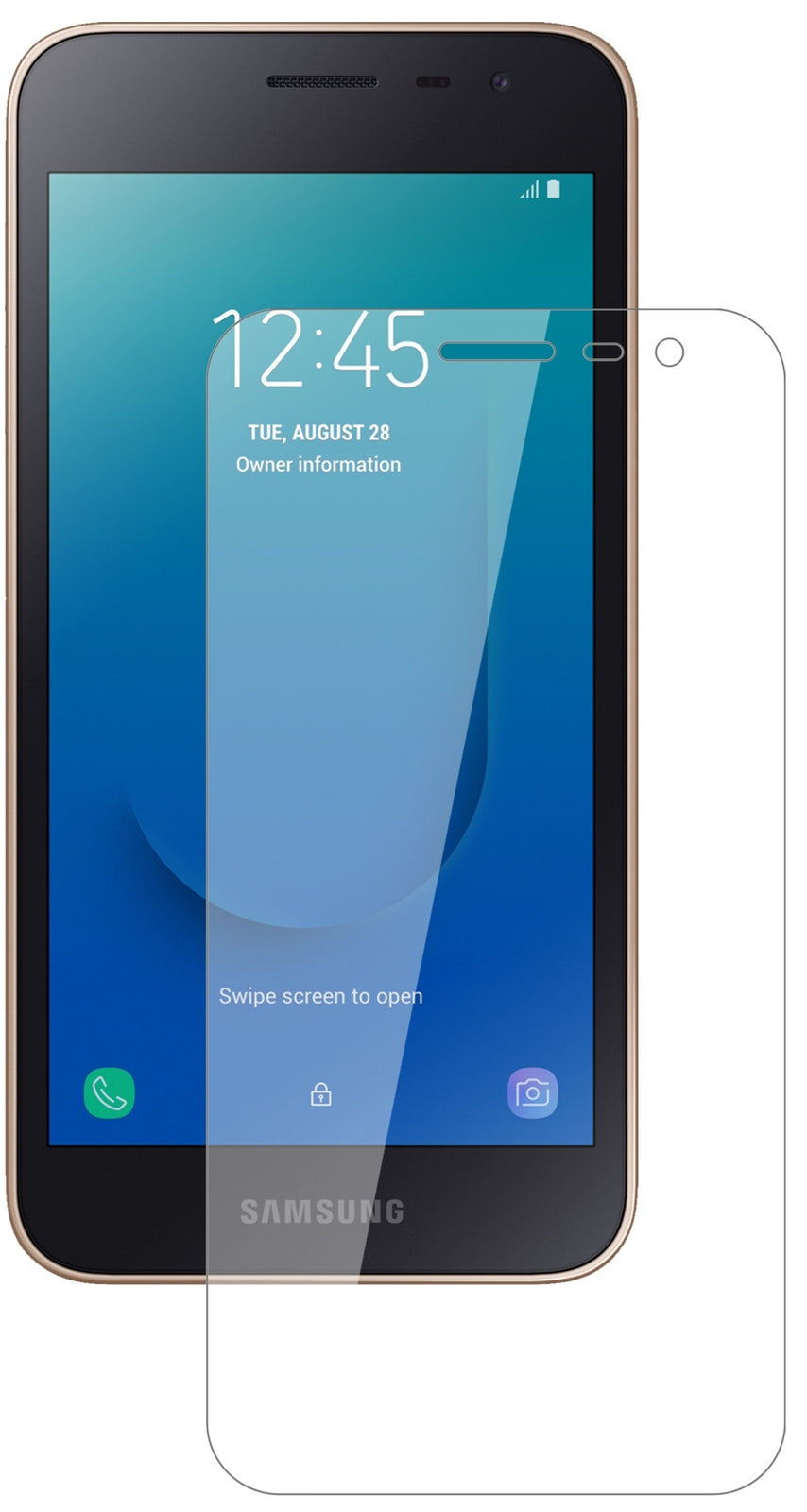 SamsungGalaxy J2 Core (2018) mit aufgebrachter dipos Flex Schutzfolie, glasklare Darstellung ohne Einschränkungen